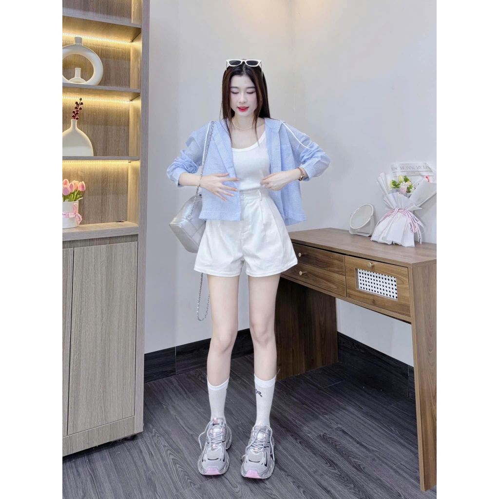 Review Set 3 Món Áo 2 Dây Phối Sơ Mi Dài Tay Sọc Kẻ Xanh Có Mũ Mix Quần Đùi Trắng Từ Xưởng Bảo Ngọc - Hinh 4