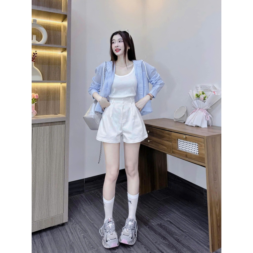 Review Set 3 Món Áo 2 Dây Phối Sơ Mi Dài Tay Sọc Kẻ Xanh Có Mũ Mix Quần Đùi Trắng Từ Xưởng Bảo Ngọc - Hinh 2