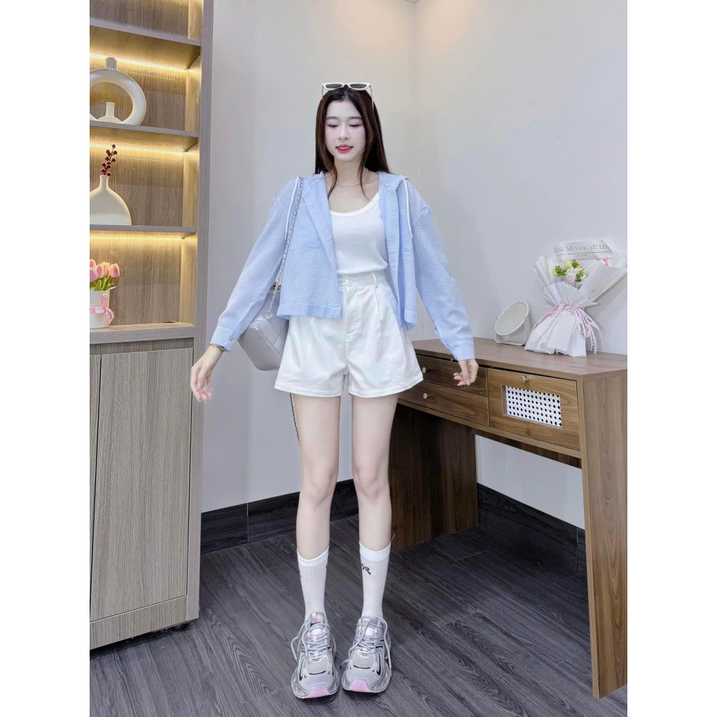Review Set 3 Món Áo 2 Dây Phối Sơ Mi Dài Tay Sọc Kẻ Xanh Có Mũ Mix Quần Đùi Trắng Từ Xưởng Bảo Ngọc - Hinh 3