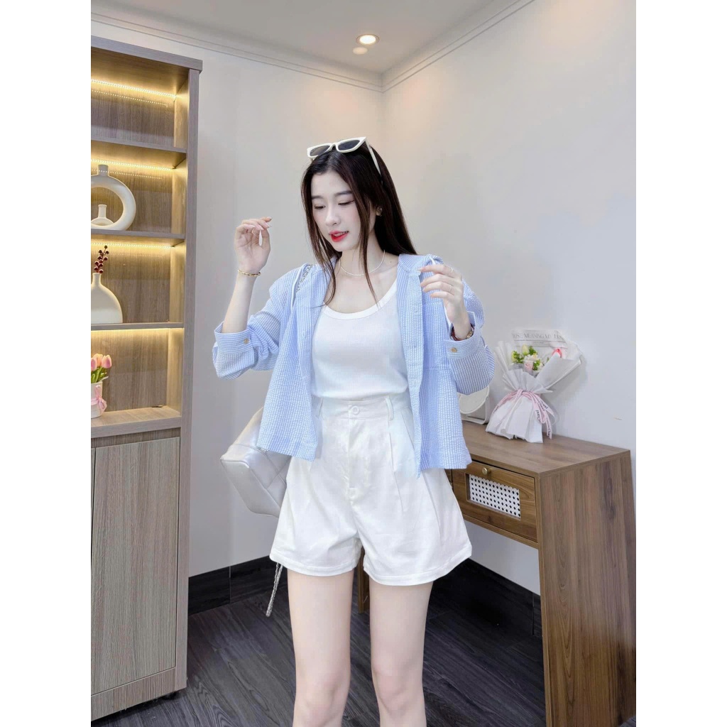 Review Set 3 Món Áo 2 Dây Phối Sơ Mi Dài Tay Sọc Kẻ Xanh Có Mũ Mix Quần Đùi Trắng Từ Xưởng Bảo Ngọc - Hinh 4