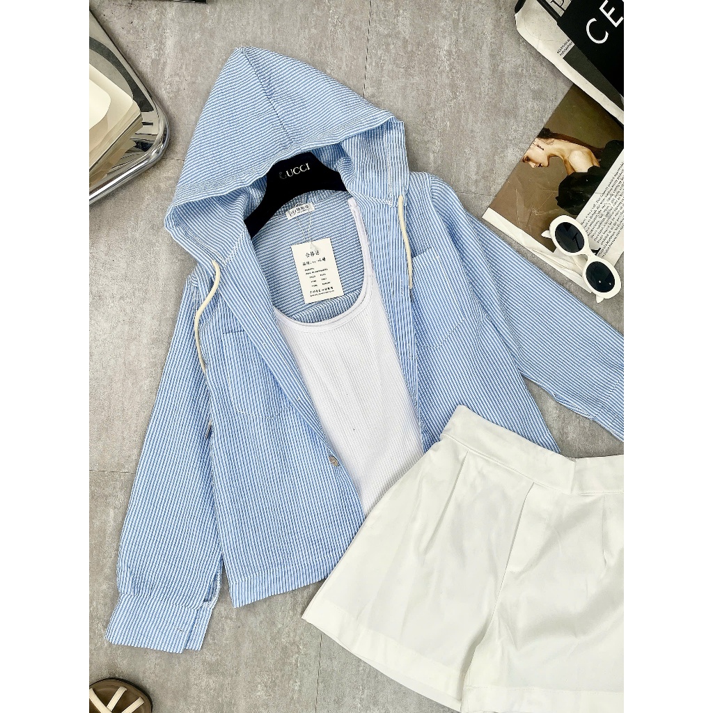 Review Set 3 Món Áo 2 Dây Phối Sơ Mi Dài Tay Sọc Kẻ Xanh Có Mũ Mix Quần Đùi Trắng Từ Xưởng Bảo Ngọc - Hinh 2