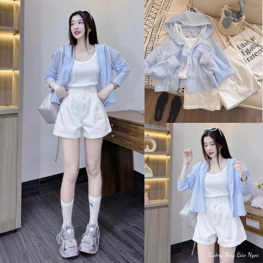 Review Set 3 Món Áo 2 Dây Phối Sơ Mi Dài Tay Sọc Kẻ Xanh Có Mũ Mix Quần Đùi Trắng Từ Xưởng Bảo Ngọc