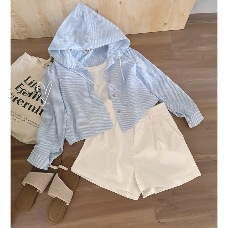 Review Set 3 Món Áo 2 Dây Phối Sơ Mi Dài Tay Sọc Kẻ Xanh Có Mũ Mix Quần Đùi Trắng Từ Xưởng Bảo Ngọc - Hinh 5
